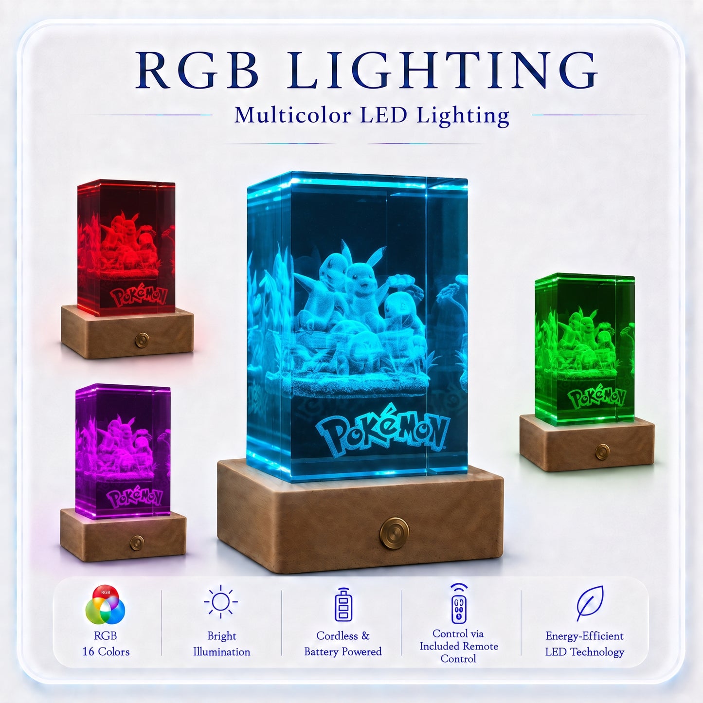 Pikachu & Kanto Starter - Pokemon - 3D Kristall Lampe